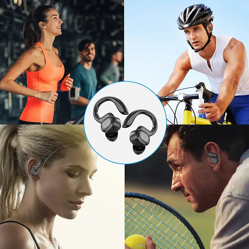 Collage of people engaging in various activities with inset of wireless earbuds.
