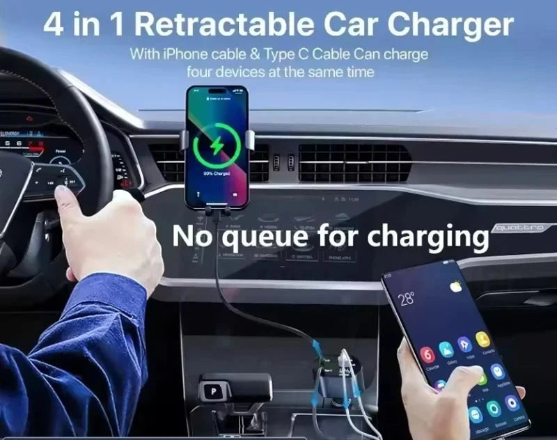4-in-1 120W Car Charger Retractable Car Adapter USB Type C Fast Charger Cable For IPhone/Samsung