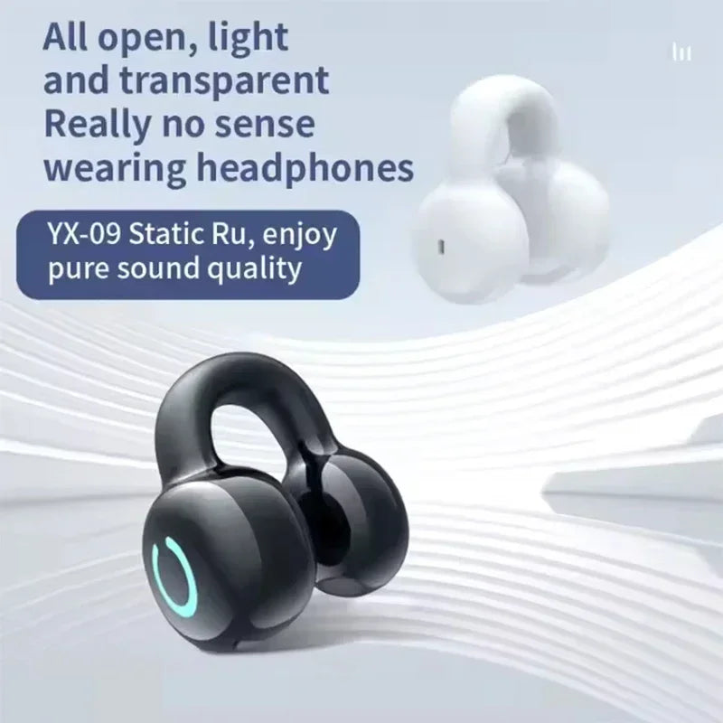 Black Ear Clip Wireless Earphones with a blue light on a light gray background, accompanied by text about headphones.