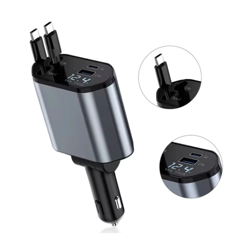 4-in-1 120W Car Charger Retractable Car Adapter USB Type C Fast Charger Cable For IPhone/Samsung