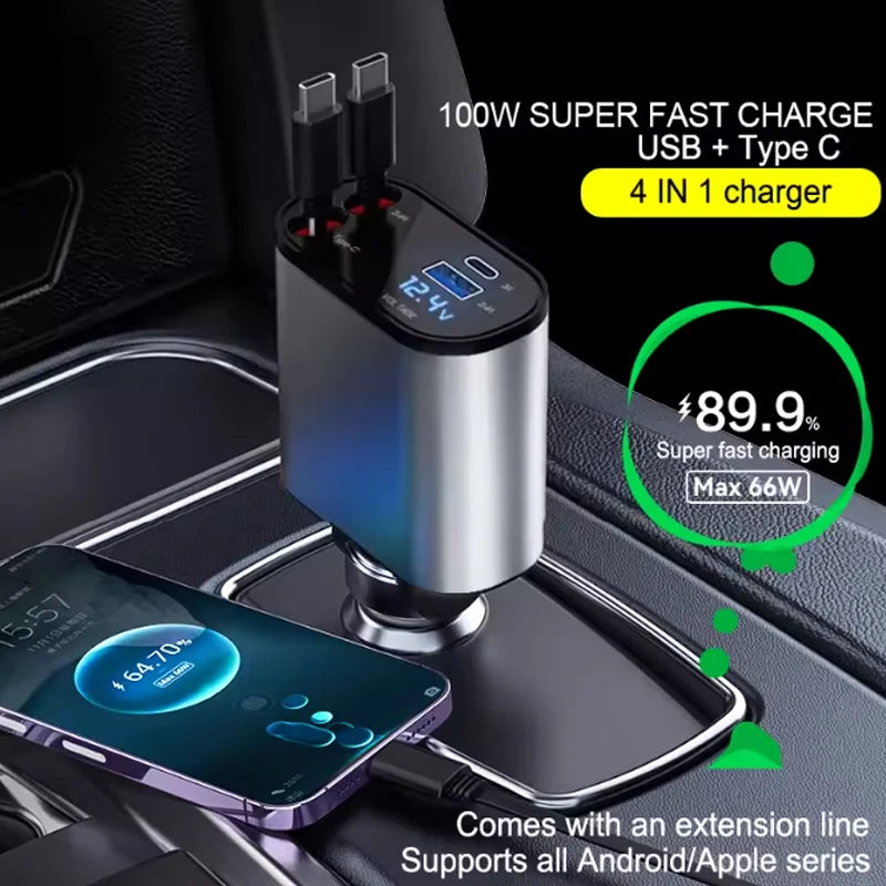 4-in-1 120W Car Charger Retractable Car Adapter USB Type C Fast Charger Cable For IPhone/Samsung