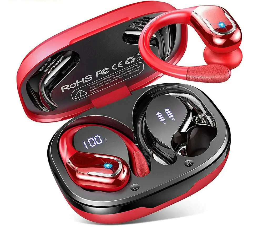 Red wireless earbuds with charging case on a white background
