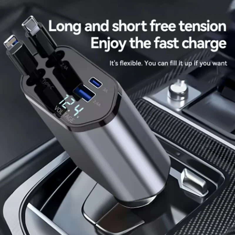 4-in-1 120W Car Charger Retractable Car Adapter USB Type C Fast Charger Cable For IPhone/Samsung