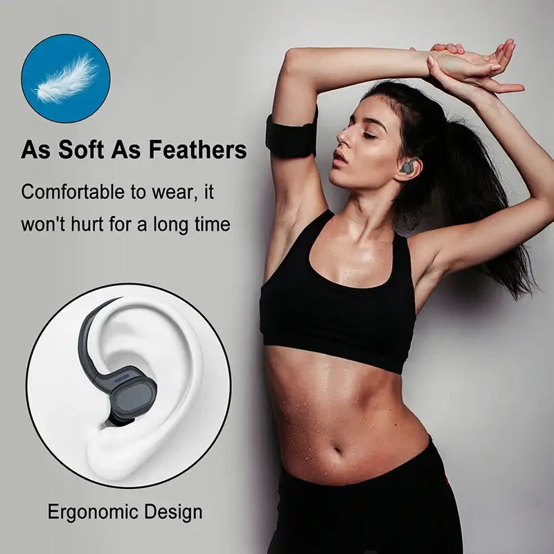 Woman wearing wireless earbuds with text 'As Soft As Feathers' and 'Ergonomic Design' on a gray background.