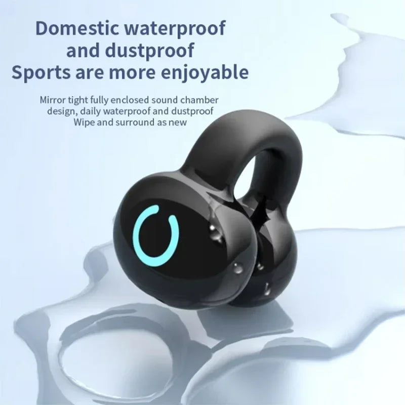 Black Ear Clip Wireless Earphones with a blue light on a water droplet background, featuring text about waterproof and dustproof design.