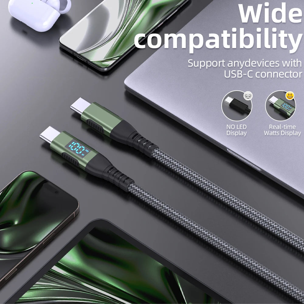 100W USB C to USB C Cable Type C PD 5A FastCharging for LED Display Nylon Braided charger Cord for iPhone16 15 MacBook iPad