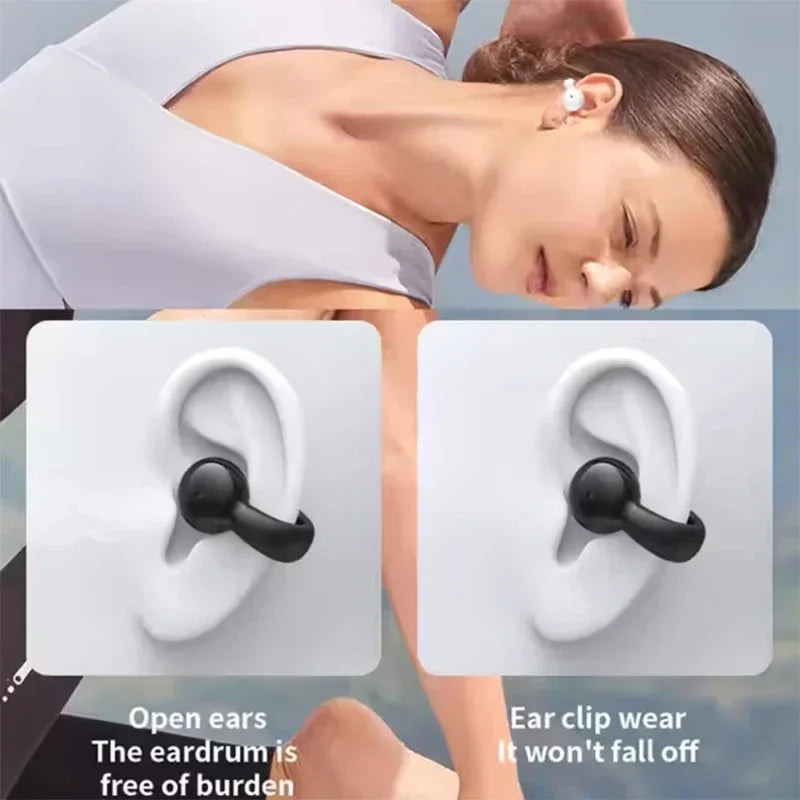 Person wearing Ear Clip Wireless Earphones with close-up insets showing the product on an ear.