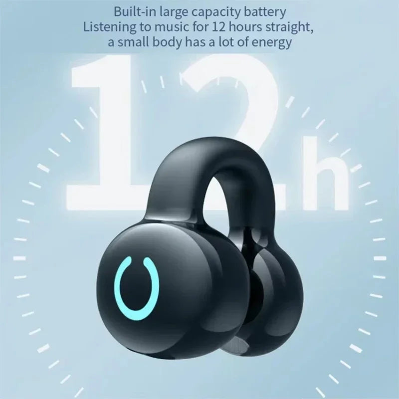 Black Ear Clip Wireless Earphones with a blue power indicator on a light blue background, featuring text about battery life.