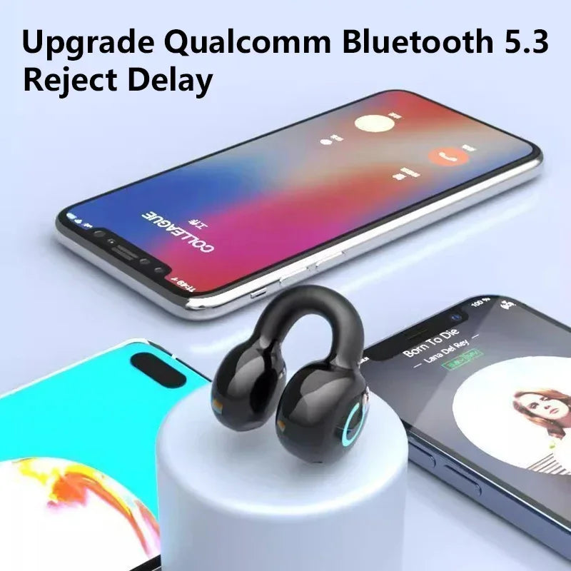 Smartphone with Ear Clip Wireless Earphones on a white background, featuring Qualcomm Bluetooth 5.3 technology.
