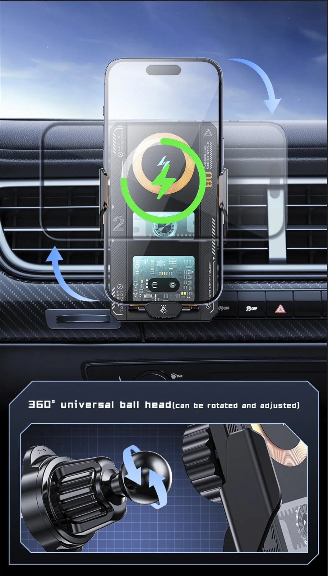 Car Smart Sensing Automatic Clamping Mounts For Samsung iPhone Phone Holder Wireless Charger Mounts 15W/66W Fast Charging