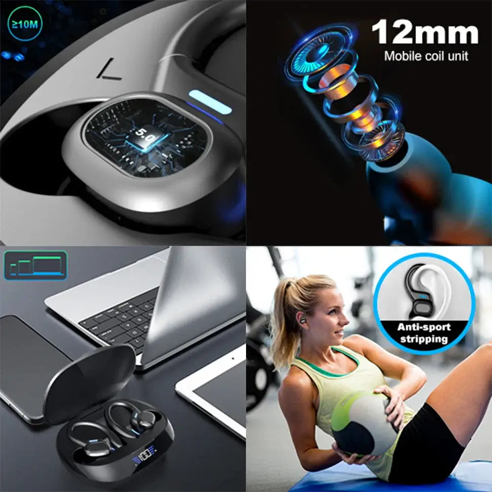 Collage of various products including a laptop, earbuds, and a person exercising with an anti-sport stripping label.