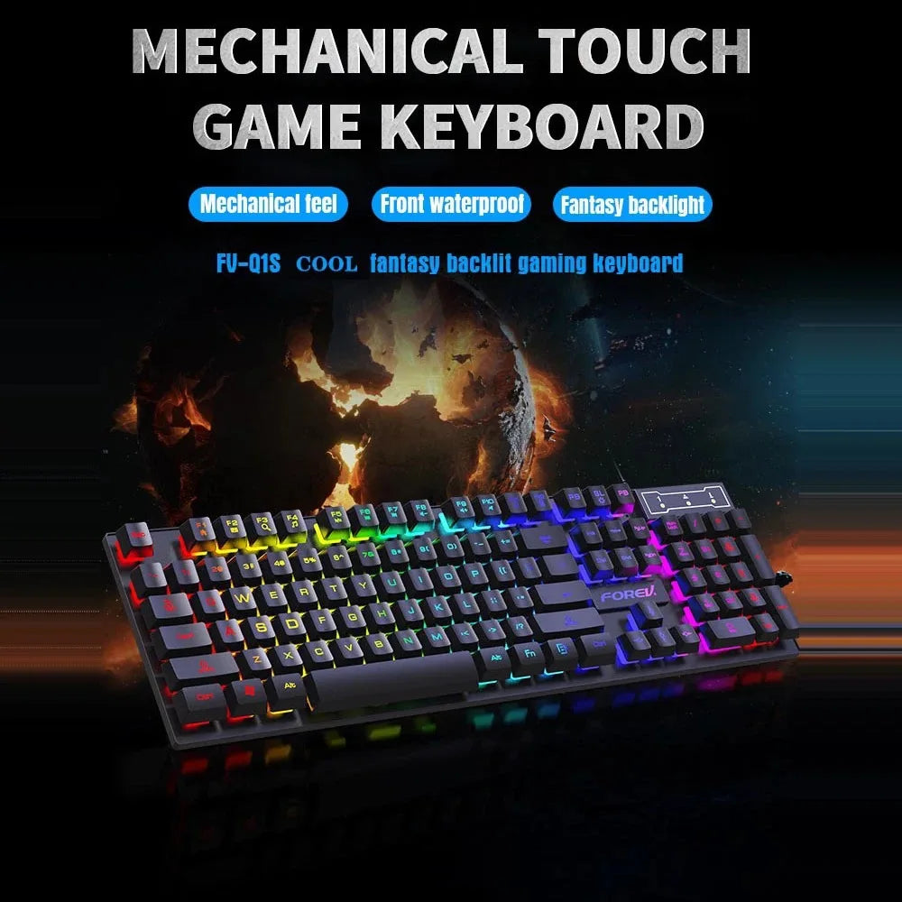 Mechanical touch game keyboard with colorful backlight on a dark background