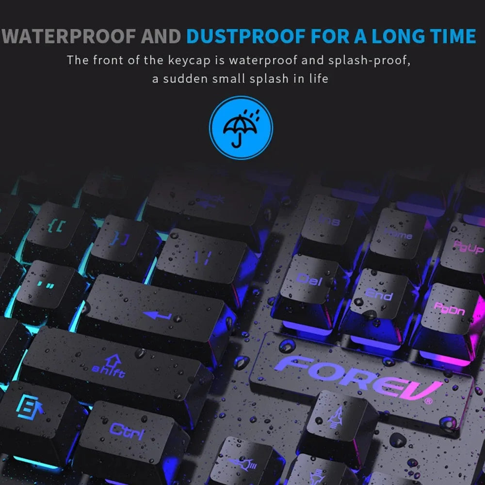 Waterproof RGB Gaming Keyboard showing splash-proof protection features