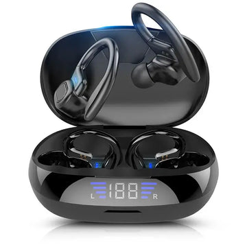 Black wireless earbuds in a charging case with digital display on a white background