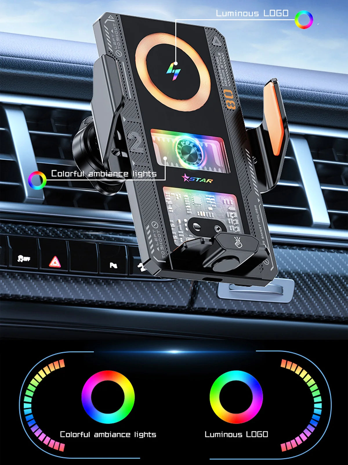 Car Smart Sensing Automatic Clamping Mounts For Samsung iPhone Phone Holder Wireless Charger Mounts 15W/66W Fast Charging