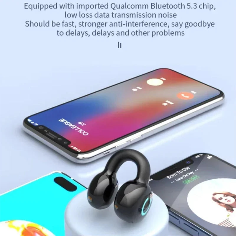 Smartphone with Ear Clip Wireless Earphones on a light blue background