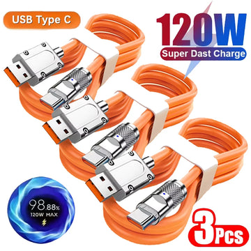 3PCS 120W Super Fast Charge Type-C Liquid Silicone Cable Quick Charge USB C Lines For Samsung Apple USB Phone Data Wire