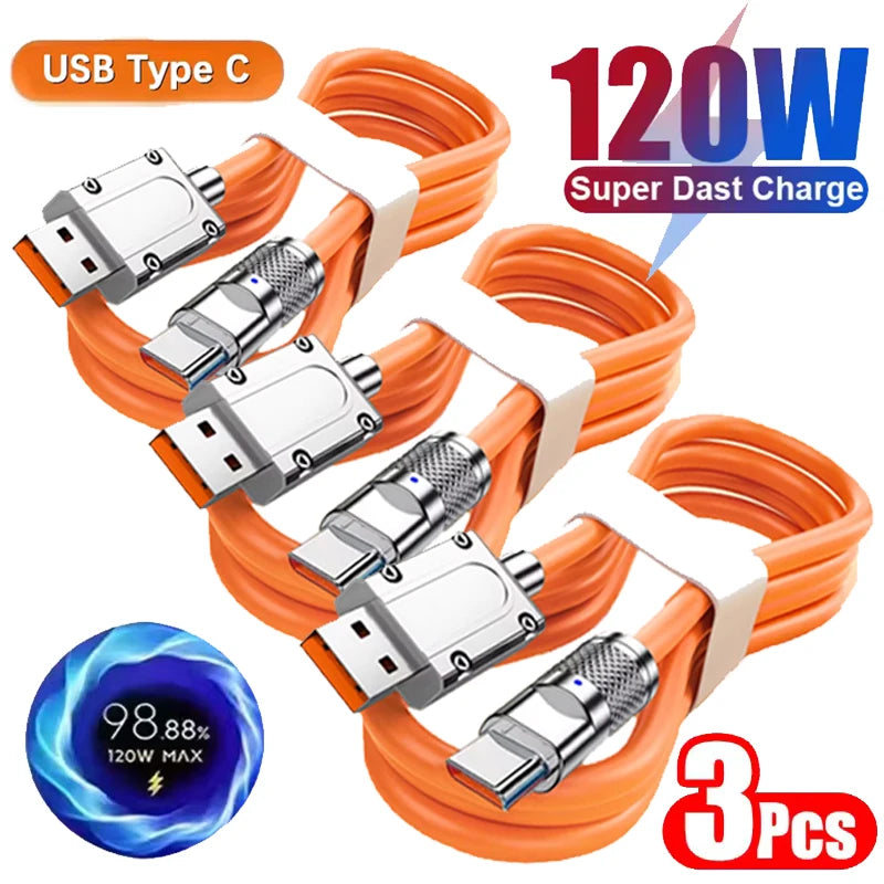 3PCS 120W Super Fast Charge Type-C Liquid Silicone Cable Quick Charge USB C Lines For Samsung Apple USB Phone Data Wire