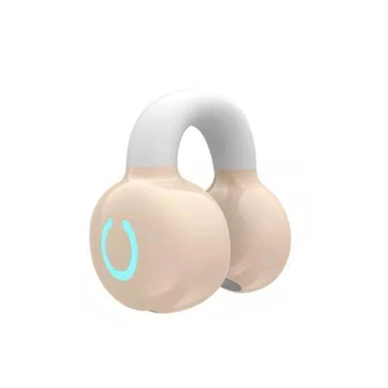 Beige and white Ear Clip Wireless Earphones with a blue light on a white background