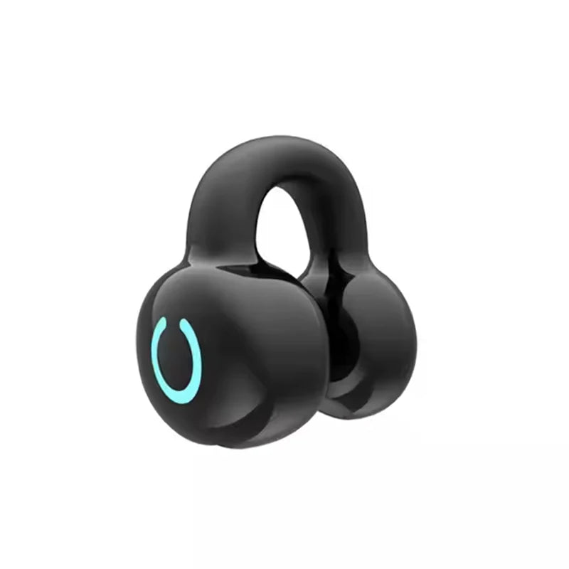 Black Ear Clip Wireless Earphones with a blue light on a white background