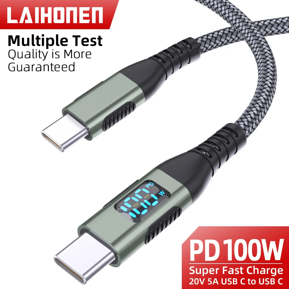 100W USB C to USB C Cable Type C PD 5A FastCharging for LED Display Nylon Braided charger Cord for iPhone16 15 MacBook iPad