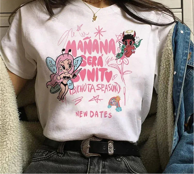 Person wearing a white t-shirt with colorful graphics and text.