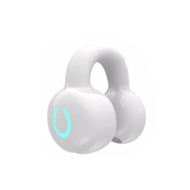 White Ear Clip Wireless Earphones with a blue light on a white background
