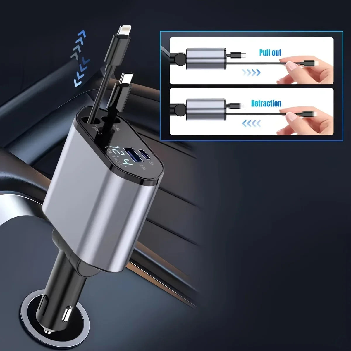 4-in-1 120W Car Charger Retractable Car Adapter USB Type C Fast Charger Cable For IPhone/Samsung