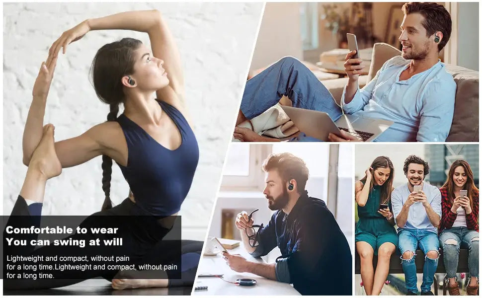 Collage of people using wireless earbuds in various settings.