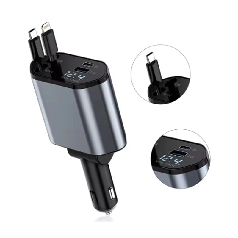 4-in-1 120W Car Charger Retractable Car Adapter USB Type C Fast Charger Cable For IPhone/Samsung