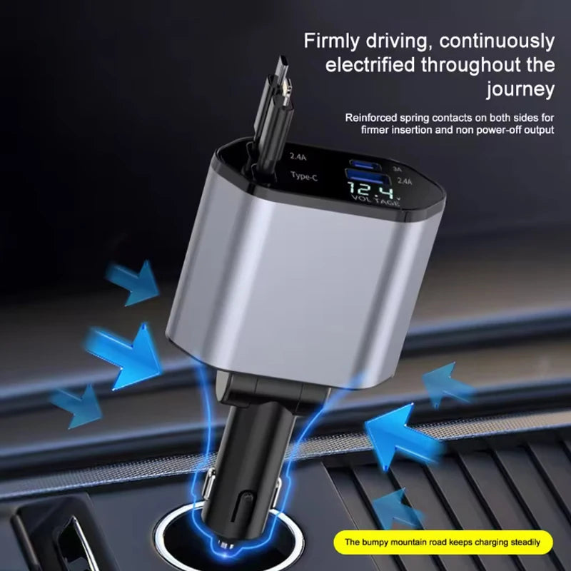 4-in-1 120W Car Charger Retractable Car Adapter USB Type C Fast Charger Cable For IPhone/Samsung