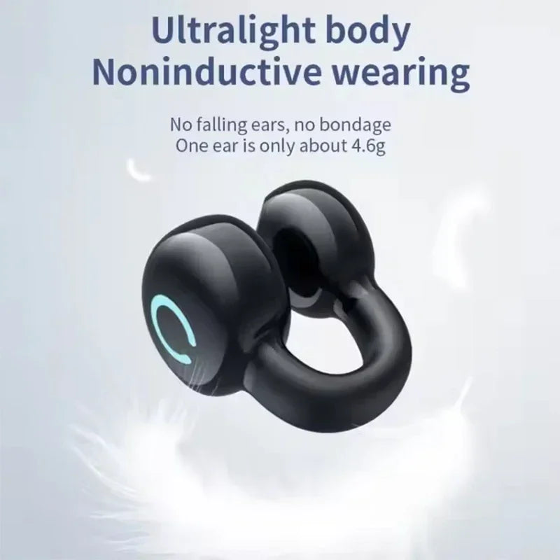 Black Ear Clip Wireless Earphones with text highlighting ultralight design on a light gray background