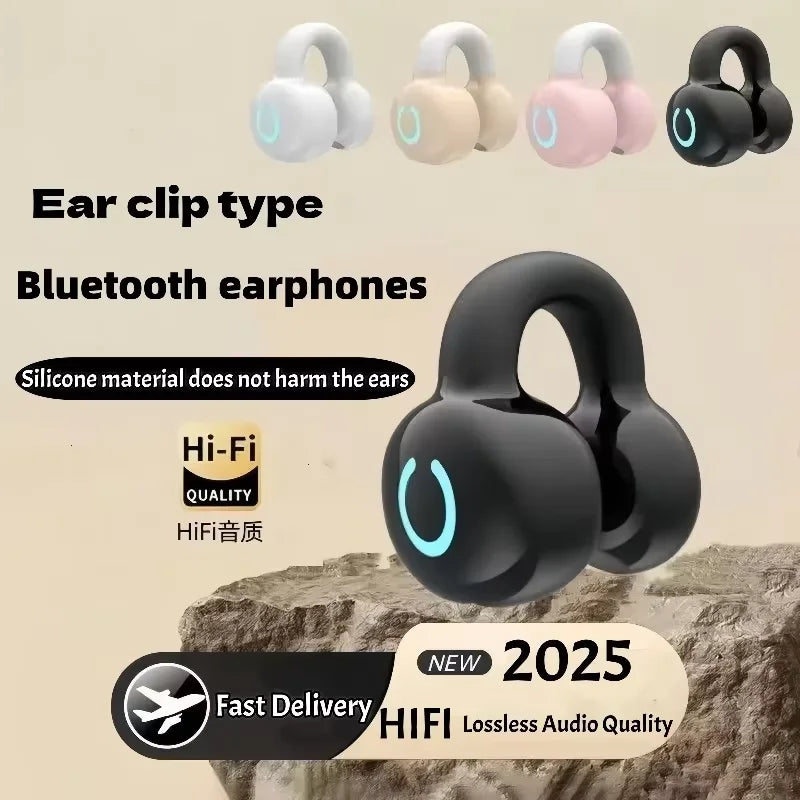 Black Bluetooth earphones with Ear Clip Wireless Earphones on a beige background, featuring text about audio quality and features.