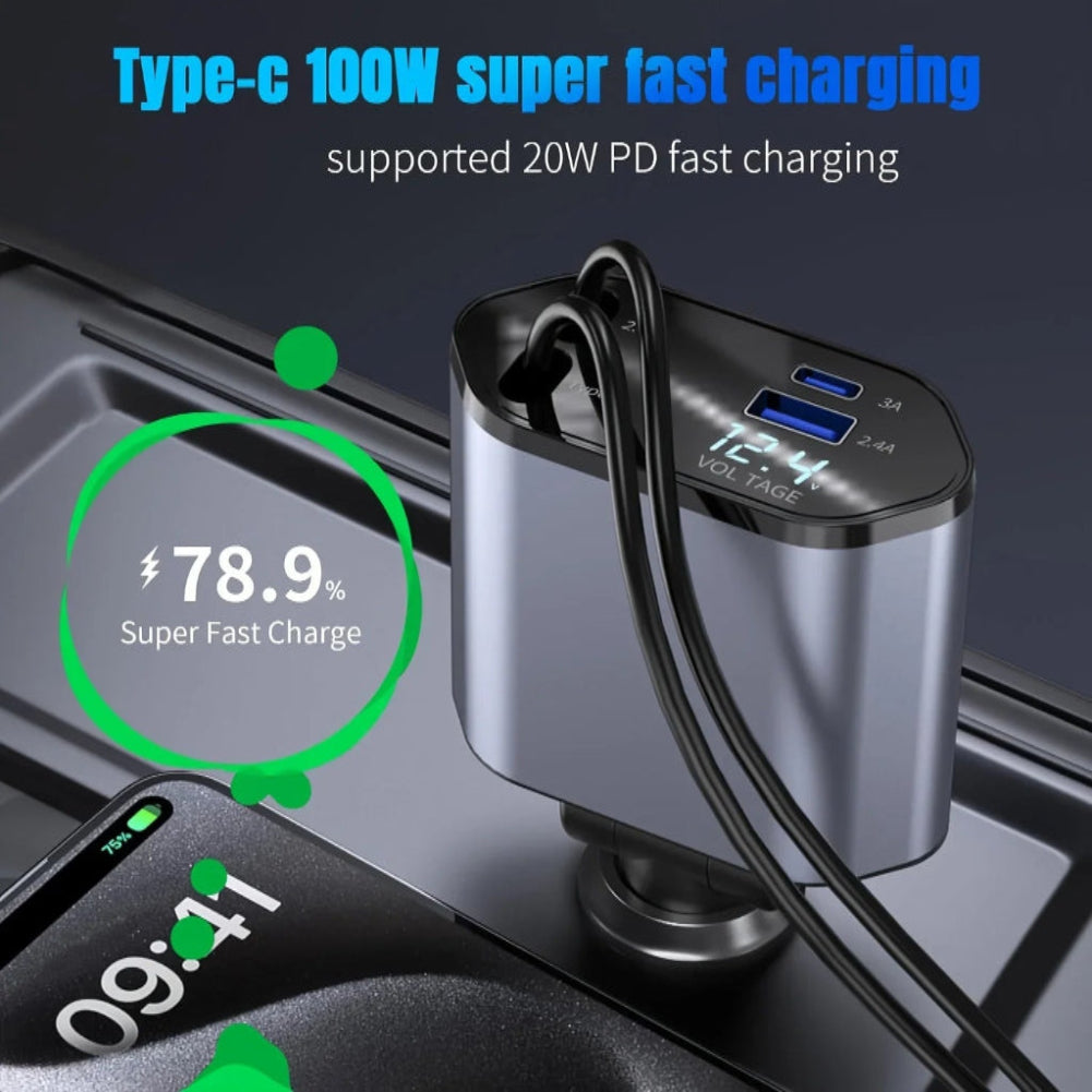 4-in-1 120W Car Charger Retractable Car Adapter USB Type C Fast Charger Cable For IPhone/Samsung