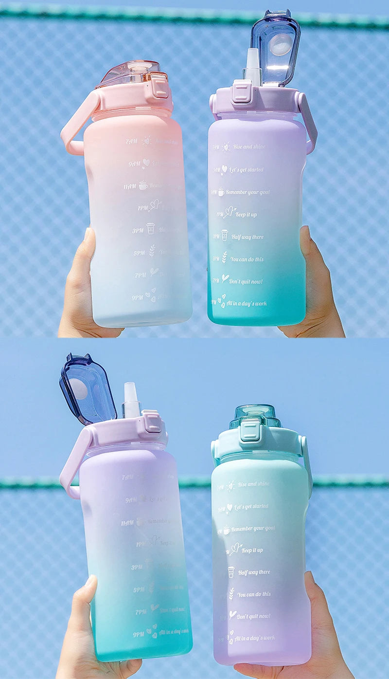 2L Water Bottle With Straw Large Capacity Sports Water Bottle Travel Fitness Sports Portable Drinking Bottles With Time Marker