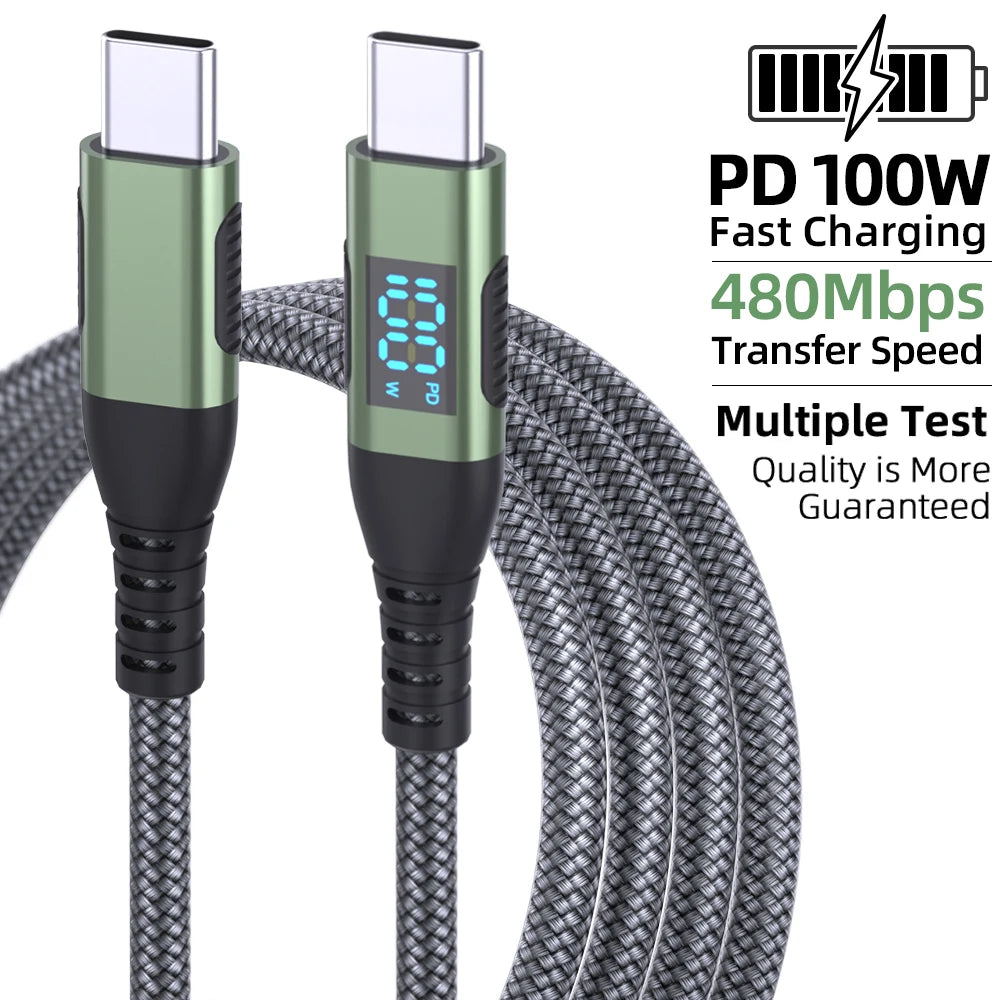 100W USB C to USB C Cable Type C PD 5A FastCharging for LED Display Nylon Braided charger Cord for iPhone16 15 MacBook iPad