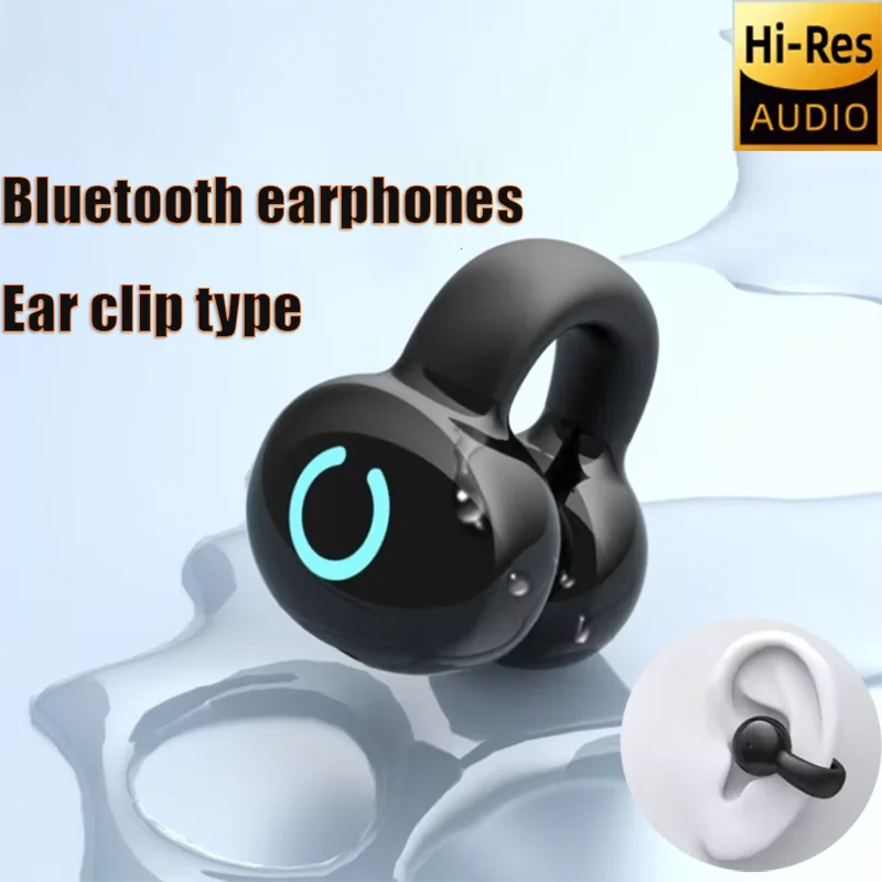 Black Bluetooth earphone with ear clip feature on a light blue background
