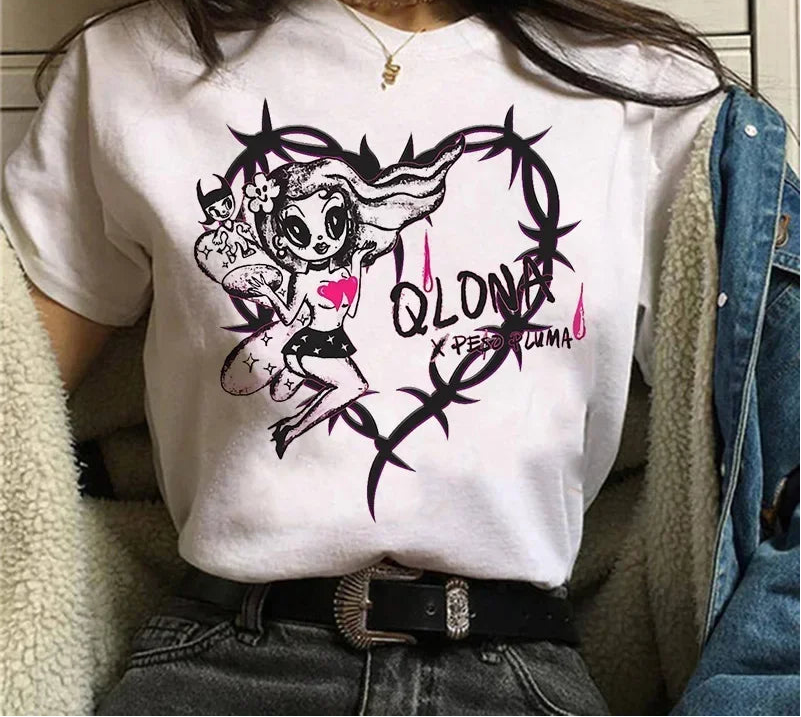 Person wearing a white t-shirt with a graphic design and text