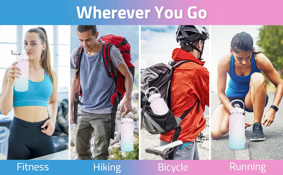 2L Water Bottle With Straw Large Capacity Sports Water Bottle Travel Fitness Sports Portable Drinking Bottles With Time Marker