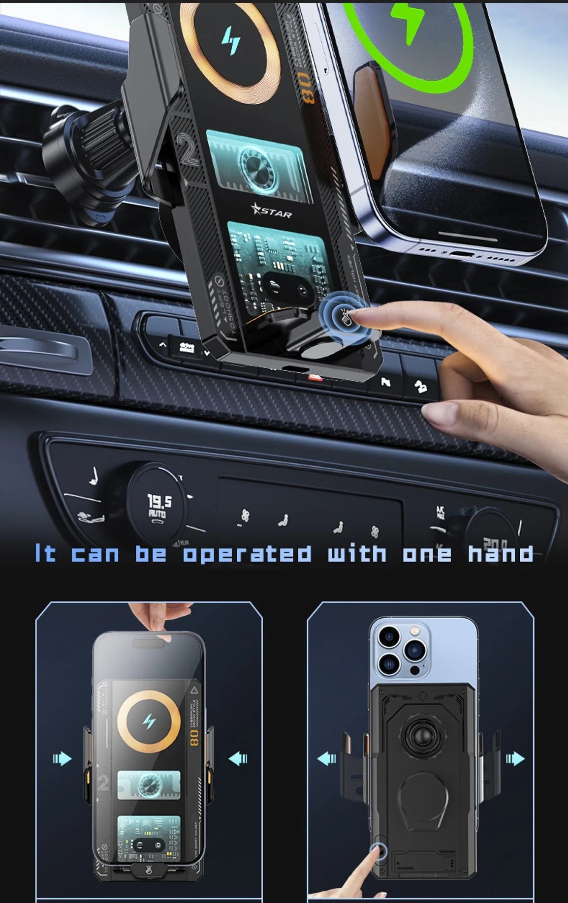 Car Smart Sensing Automatic Clamping Mounts For Samsung iPhone Phone Holder Wireless Charger Mounts 15W/66W Fast Charging