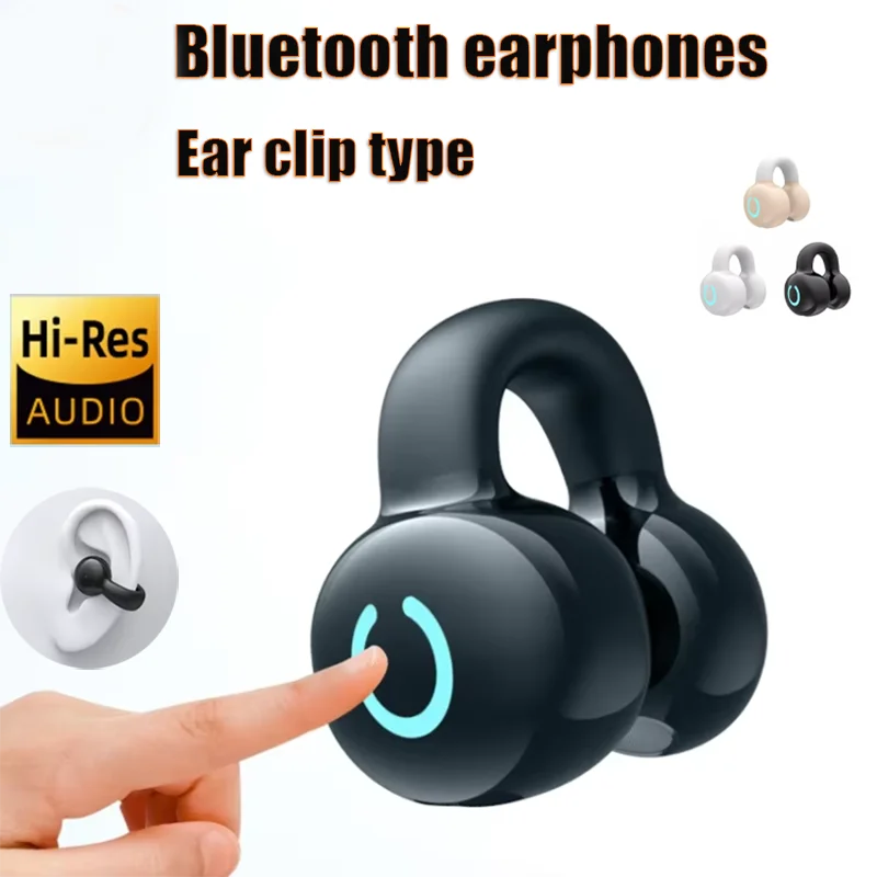 Black Bluetooth Ear Clip Wireless Earphones with ear clip design, showing a hand pressing a button, on a white background.
