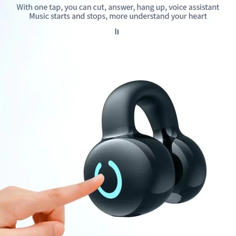 Black Ear Clip Wireless Earphones with a hand pressing a control button on a white background
