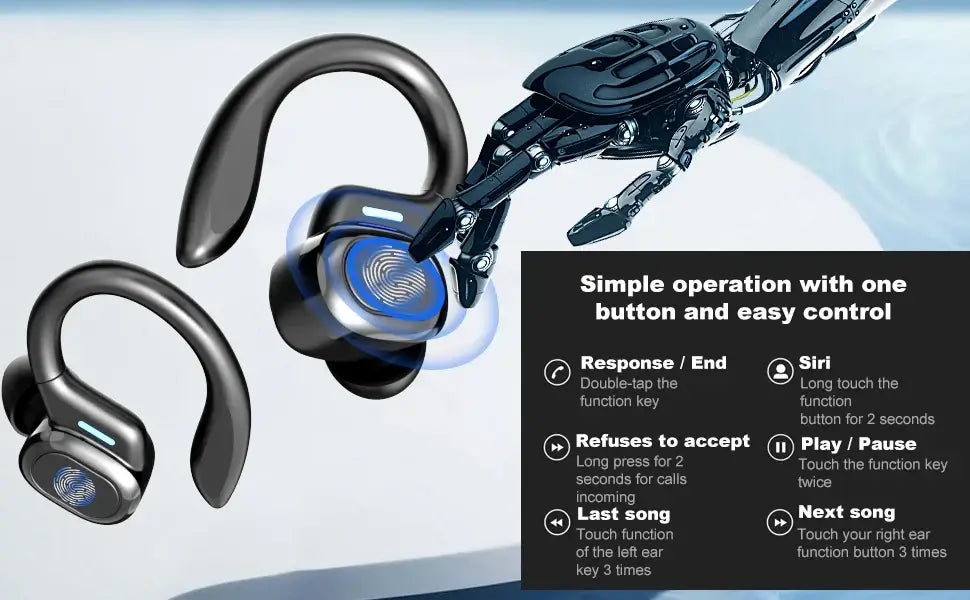 Wireless earbuds with a robot hand and user manual on a blue gradient background