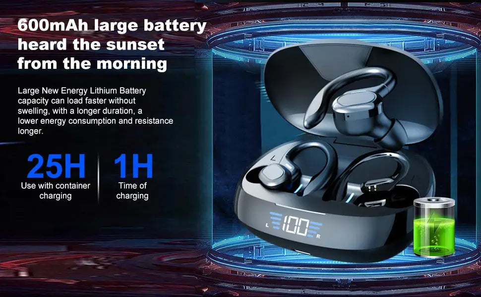Wireless earbuds in a charging case with battery information displayed.