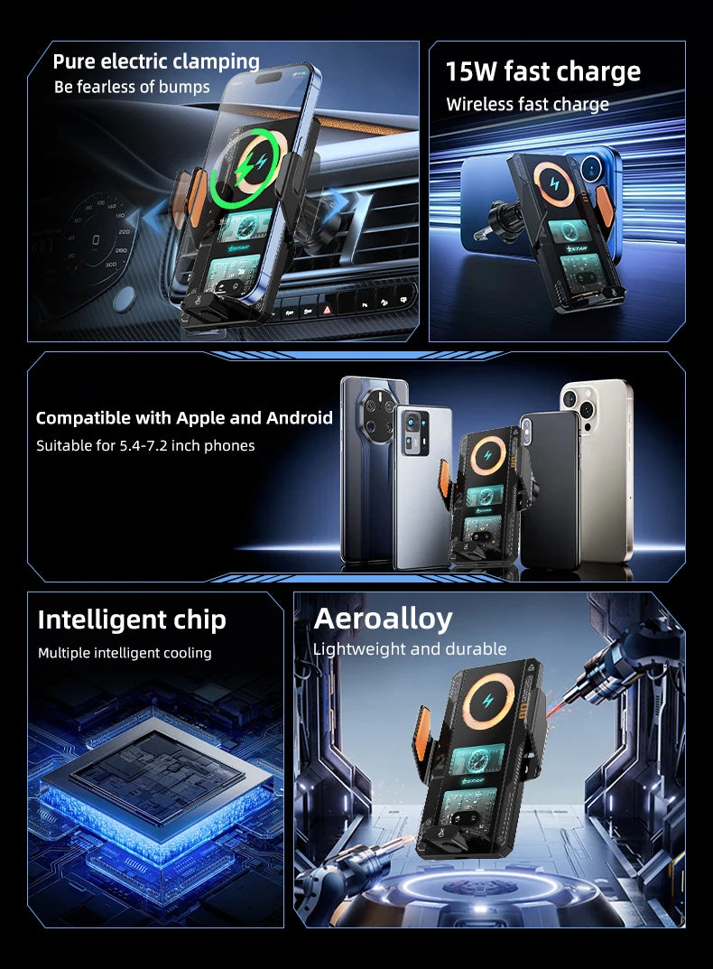 Car Smart Sensing Automatic Clamping Mounts For Samsung iPhone Phone Holder Wireless Charger Mounts 15W/66W Fast Charging