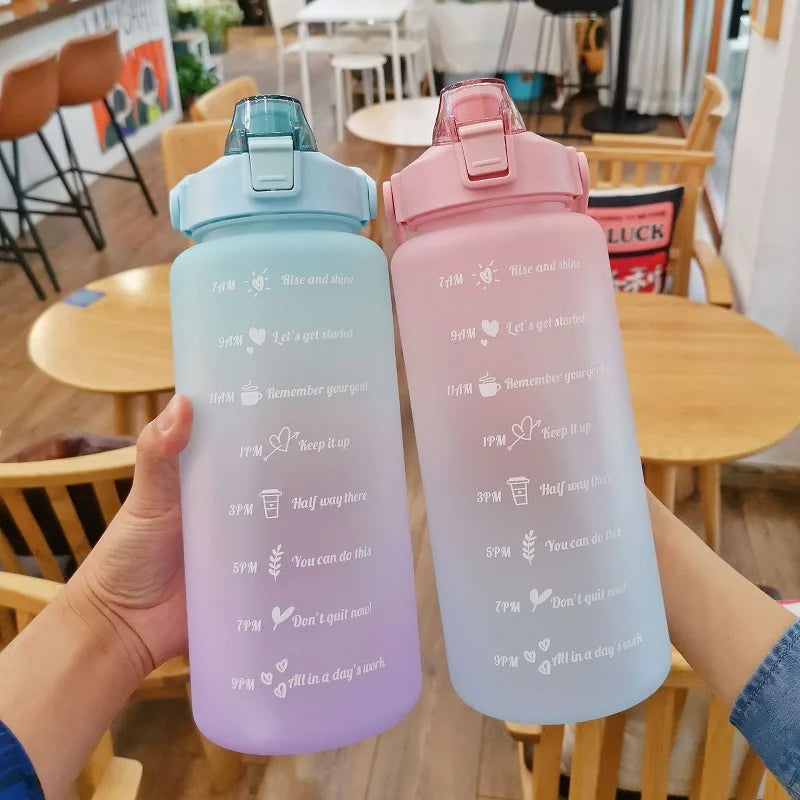 2L Water Bottle With Straw Large Capacity Sports Water Bottle Travel Fitness Sports Portable Drinking Bottles With Time Marker
