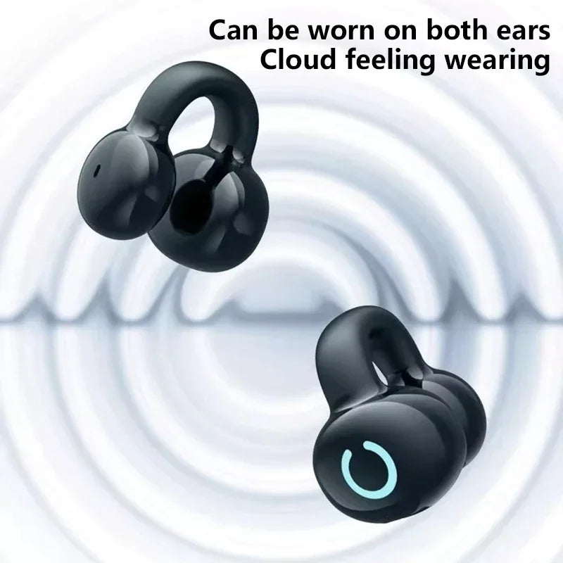 Black Ear Clip Wireless Earphones with a cloud-like background and text indicating they can be worn on both ears.