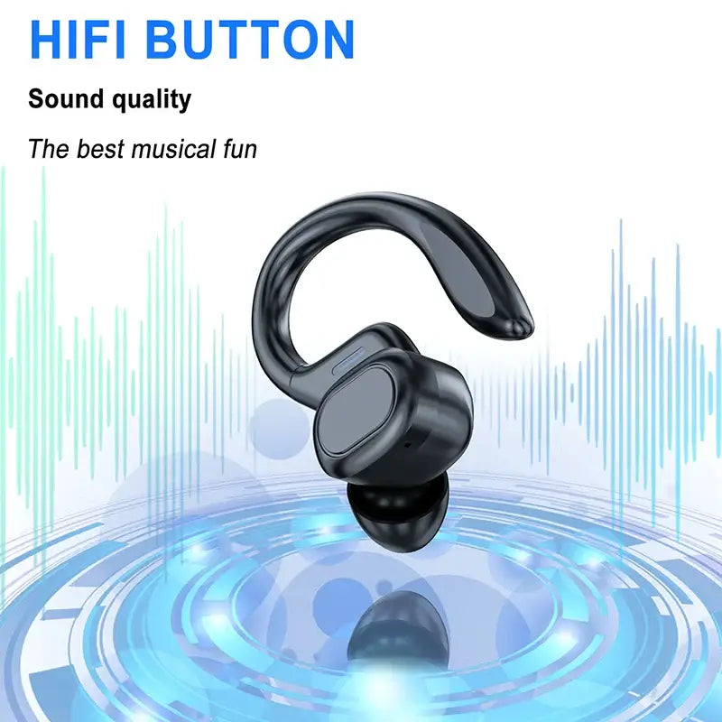 Black wireless earbuds with 'HIFI BUTTON' text on a blue and green abstract background